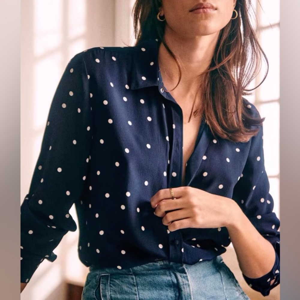 Sezane Ann Shirt - Navy with Ecru White Polka Dots